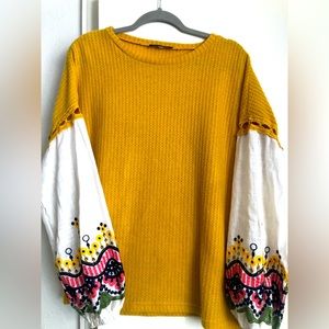 Cute yellow embroidered sleeve blouse